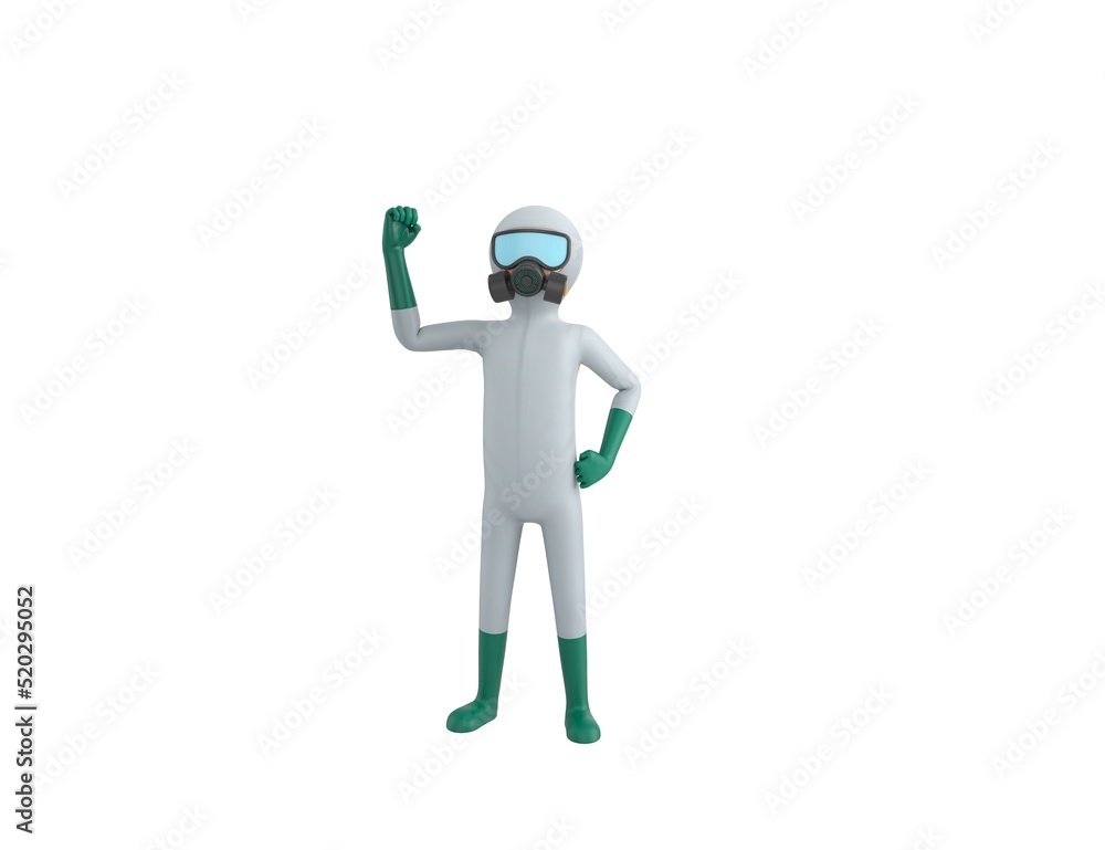 Man in White Hazmat Suit character raising right fist in 3d rendering. Man in White Hazmat Suit character raising right fist in 3d rendering.