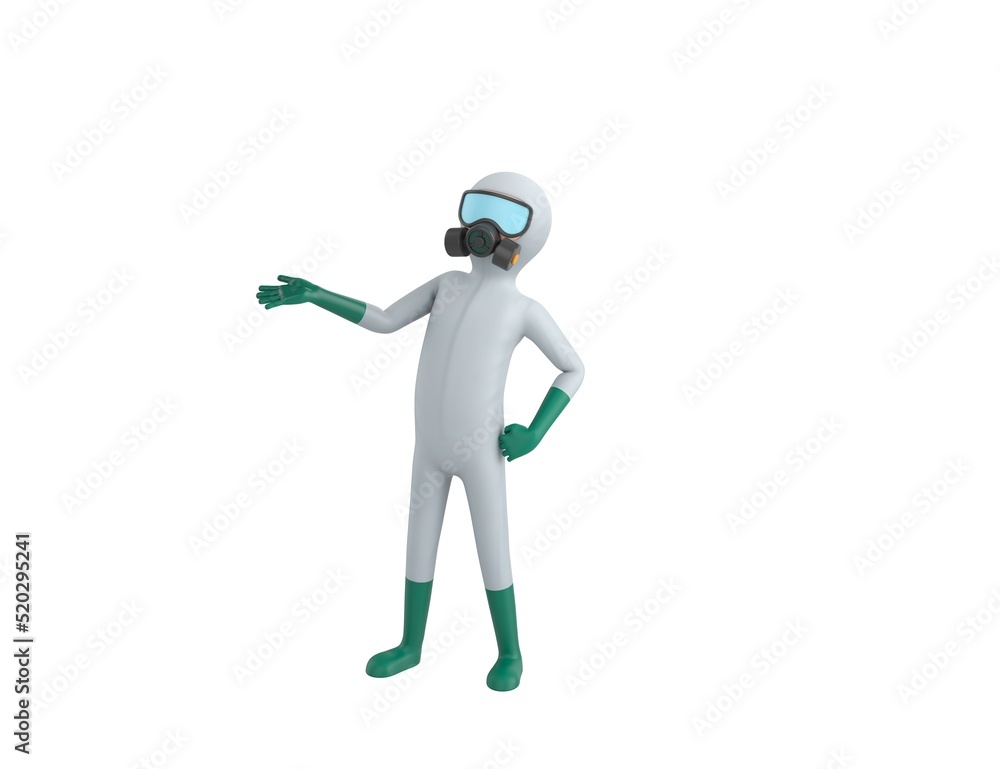 Man in White Hazmat Suit character open hand palm in 3d rendering. Man in White Hazmat Suit character open hand palm in 3d rendering.