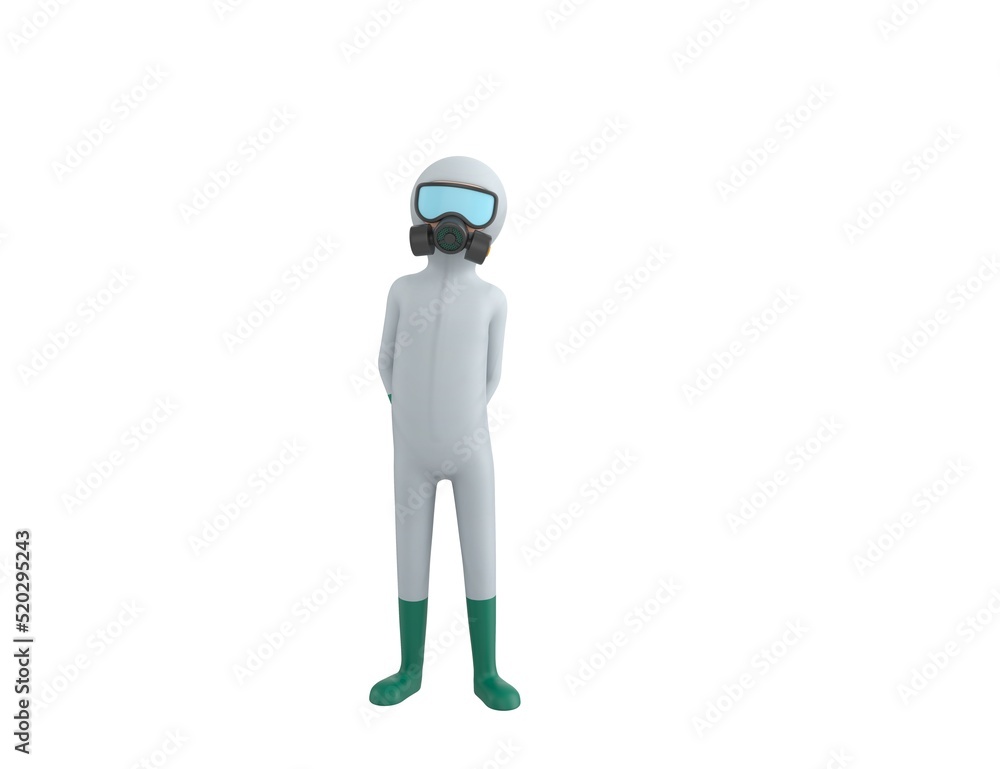 Man in White Hazmat Suit character hides his hands behind his back in 3d rendering. Man in White Hazmat Suit character hides his hands behind his back in 3d rendering.
