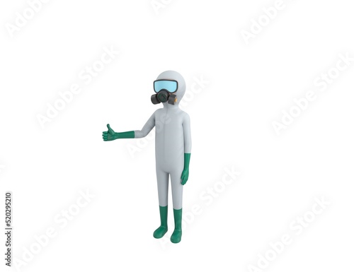 Man in White Hazmat Suit character showing thumb up in 3d rendering.