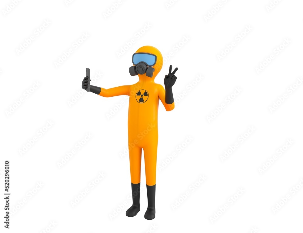 Man in Yellow Hazmat Suit character taking selfie in 3d rendering. Man in Yellow Hazmat Suit character taking selfie in 3d rendering.