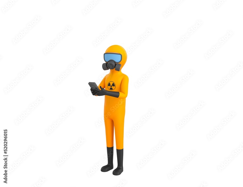Man in Yellow Hazmat Suit character using smartphone and looking to camera in 3d rendering.