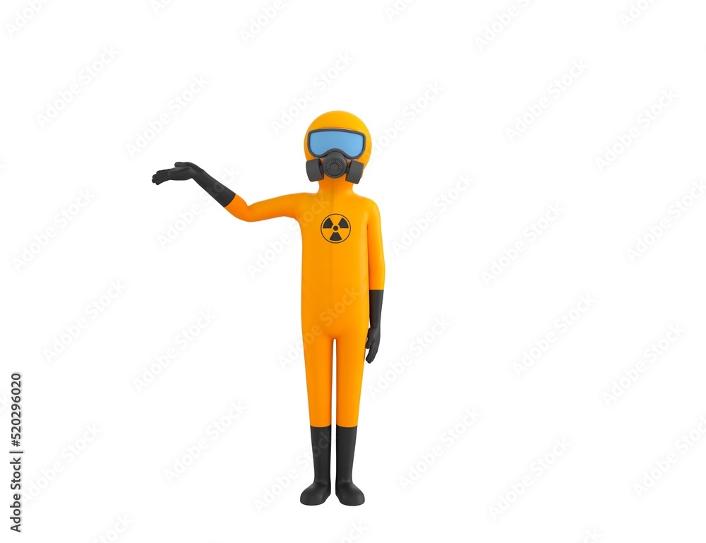 Man in Yellow Hazmat Suit character raise his hand and pointing to the side in 3d rendering. Man in Yellow Hazmat Suit character raise his hand and pointing to the side in 3d rendering.