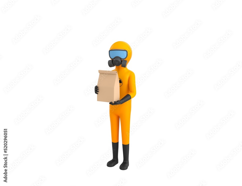 Man in Yellow Hazmat Suit character holding paper containers for takeaway food in 3d rendering.
