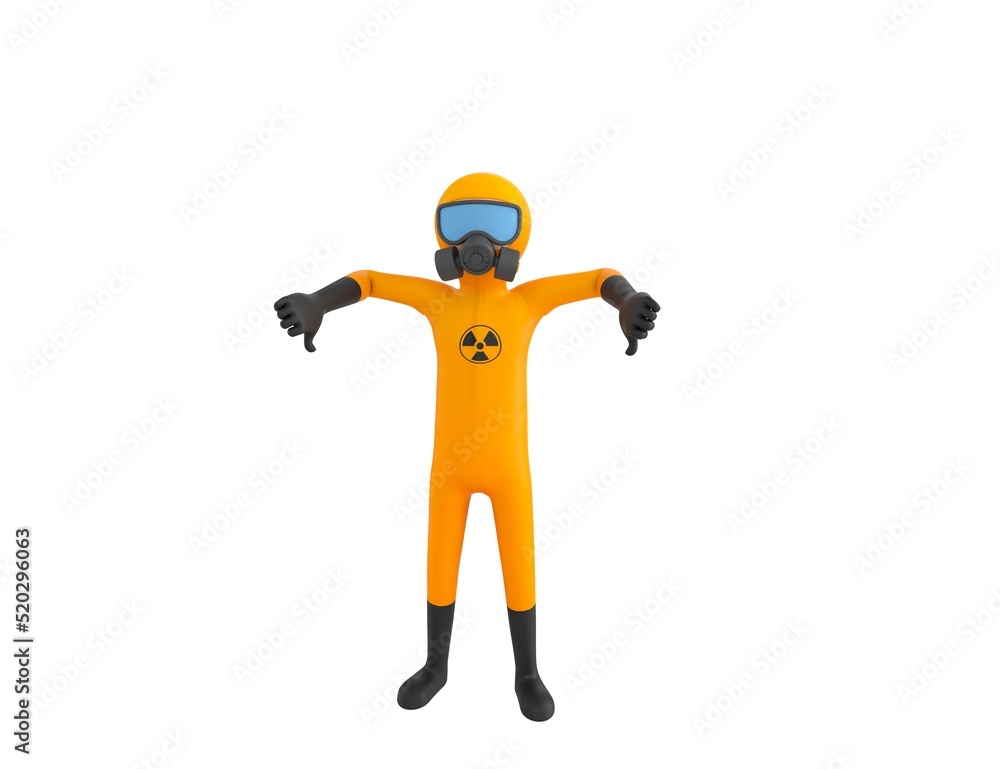 Man in Yellow Hazmat Suit character showing thumb down with two hands in 3d rendering. Man in Yellow Hazmat Suit character showing thumb down with two hands in 3d rendering.