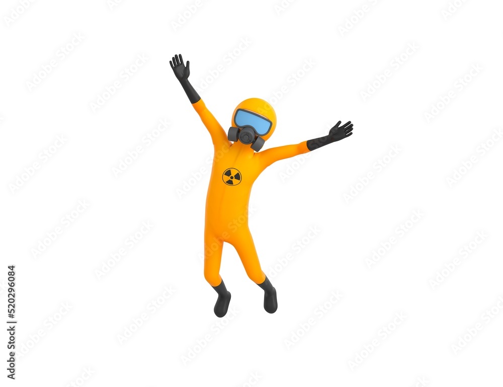 Man in Yellow Hazmat Suit character jumping in the air in 3d rendering. Man in Yellow Hazmat Suit character jumping in the air in 3d rendering.