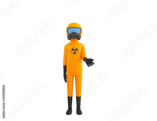 Man in Yellow Hazmat Suit character giving his hand in 3d rendering.