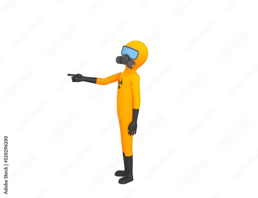Man in Yellow Hazmat Suit character pointing index finger to the left in 3d rendering.