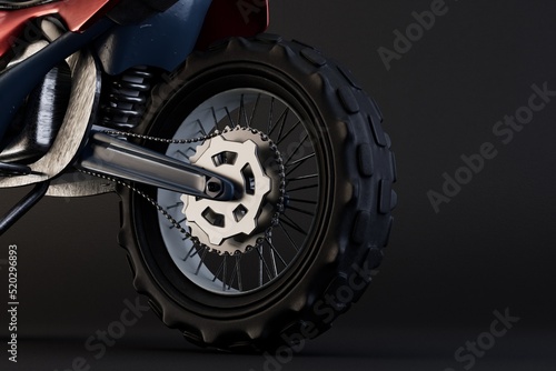 motorbike. riding motobikes.back wheel of a black motorcycle on a black background with space for text. 3d illustration. 3d render photo