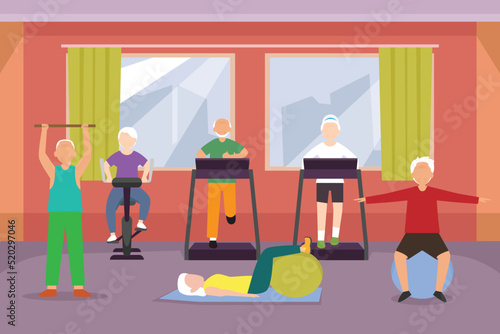 Elderly - pensioners in gym 2d flat vector illustration design
