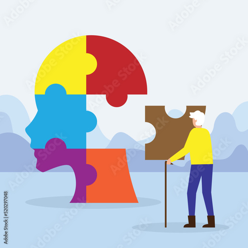 Alzheimer diseases, memory loss, neurology therapy and mental health in senior people 2d flat vector illustration design