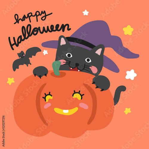 Black cat with pumpkin Halloween cartoon vector illustration  
