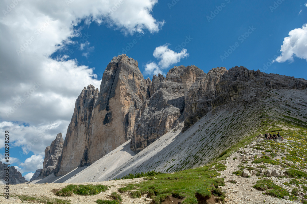 The Tre Cime di Lavaredo ( the Drei Zinnen) in the summer. Sexten Dolomites. Italy.