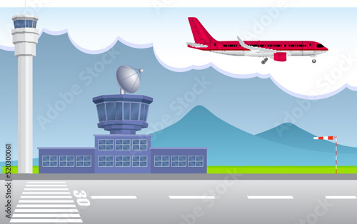 stock vector airplane with runway. airport with mountain view. airplane in front of control tower  traveling and transportation concept.