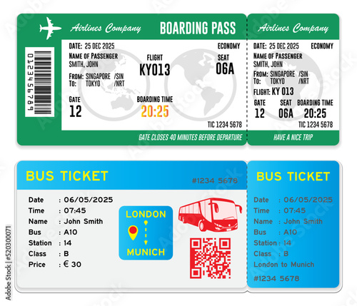 Travel tickets for bus, plane and train. Airplane,bus and train ticket with barcode. ticket traveler set. pass card.
