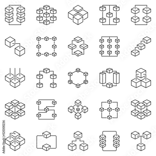 Blockchain Technology concept outline icons set - vector Block-Chain symbols
