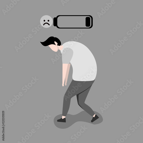 run out of energy. rest or recover. tired and weary workers. a man's energy is almost exhausted. a man who is not in a good mood