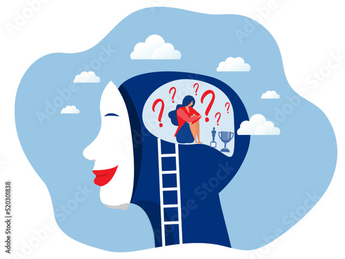 imposter syndrome, a head human with happy mask  but girl realy inside her brain hvae to Anxiety and lack of self confidence at work ,sad expressions concept .vector
