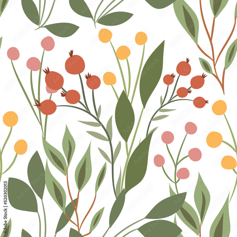 Seamless floral pattern with various berries and foliage on a white background. Beautiful botanical print with forest herbs in a hand-drawn style. Vector illustration. Seamless floral pattern with various berries and foliage on a white background. Beautiful botanical print with forest herbs in a hand-drawn style. Vector illustration.