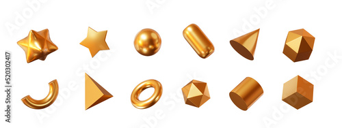 3d set gold shapes: square, cylinder, sphere, pyramid, torus, star, cone, icosphere. Metal simple figures for your design on white isolated background. 3d rendering illustration. photo