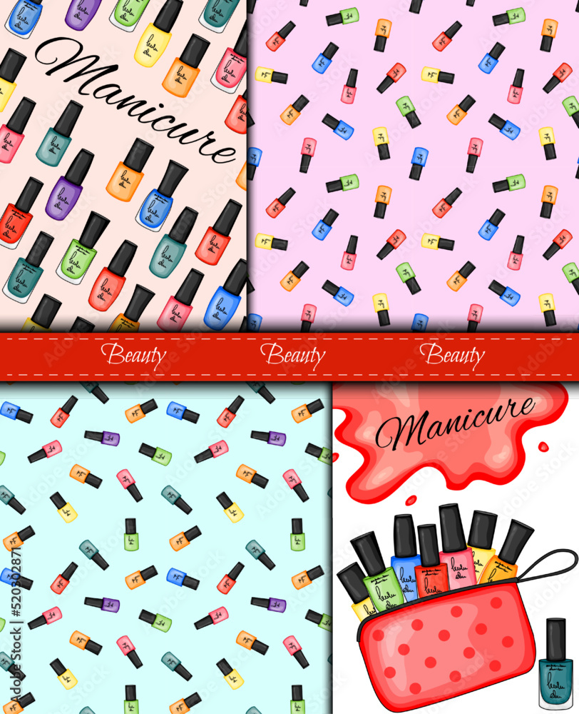 Obraz premium Manicure salon and nails care studio vector templates set. Symbols of woman hands and colorful nail polish vial bottle trend