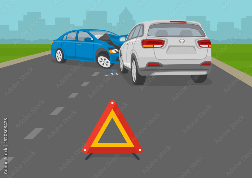 Safety driving car. Traffic or road accident on motorway. Crashed cars on the city road. Broken down cars on highway with warning sign. Flat vector illustration template.