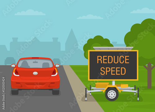Safe driving tips and traffic regulation rules. Electronic led board indicating to reduce speed. Digital portable road sign. Back view of a traffic flow on a city road. Flat vector illustration. photo