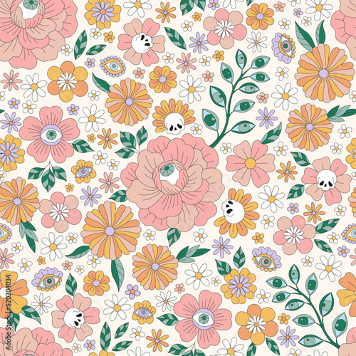 Mystic Garden Eyed Florals Flower Power vector seamless pattern. Retro 60s 70s boho floral background. Hippie Halloween surface design.