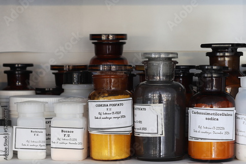 Medical flasks in a pharmacological laboratory