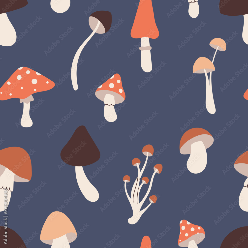Seamless pattern with mushrooms. Freehand drawing. Can be used on packaging paper, fabric, background