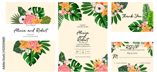 vector floral design for wedding invitation with lilies, rose flowers and tropical leaves, floral poster, decorative greeting cards