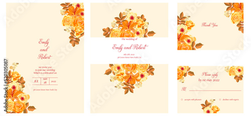 vector floral design for wedding invitation with yellow and orange flowers and leaves, floral poster, decorative greeting cards