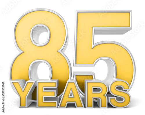 85 years 3d isolated on white background. Celebrating 85th anniversary. Gold and silver metallic Number. 3D illustration.