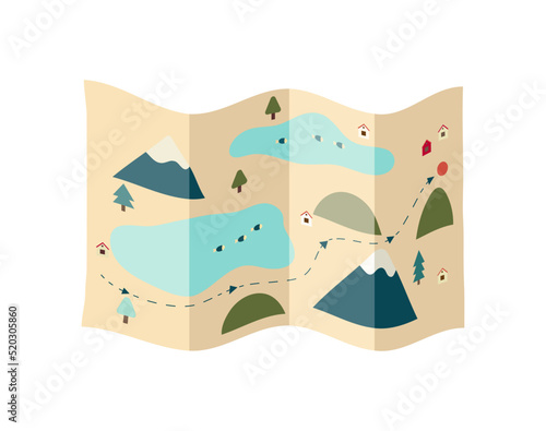 trekking map with a route through the mountains, lakes