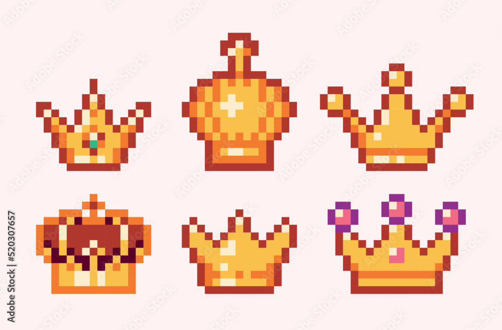 Medieval crown pixel art set. Golden diadem, luxury tiara collection.  8 bit sprite. Game development, mobile app.  Isolated vector illustration.
