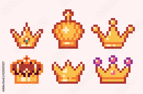 Medieval crown pixel art set. Golden diadem, luxury tiara collection.  8 bit sprite. Game development, mobile app.  Isolated vector illustration.