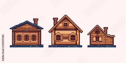 Wooden house pixel art set. Cozy log cabin collection. 8 bit sprite. Game development, mobile app. Isolated vector illustration.