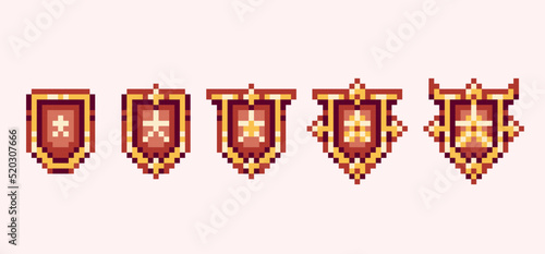 Champion badge pixel art set. Rating insignia collection. Competition award. 8 bit sprite. Game development, mobile app.  Isolated vector illustration.