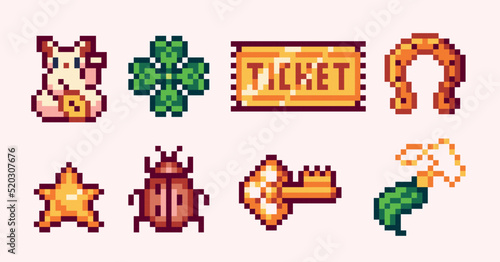 Lucky symbols pixel art set. Fortune charms collection. Golden ticket, key, Maneki Neko, horseshoe. 8 bit sprite. Game development, mobile app.  Isolated vector illustration.