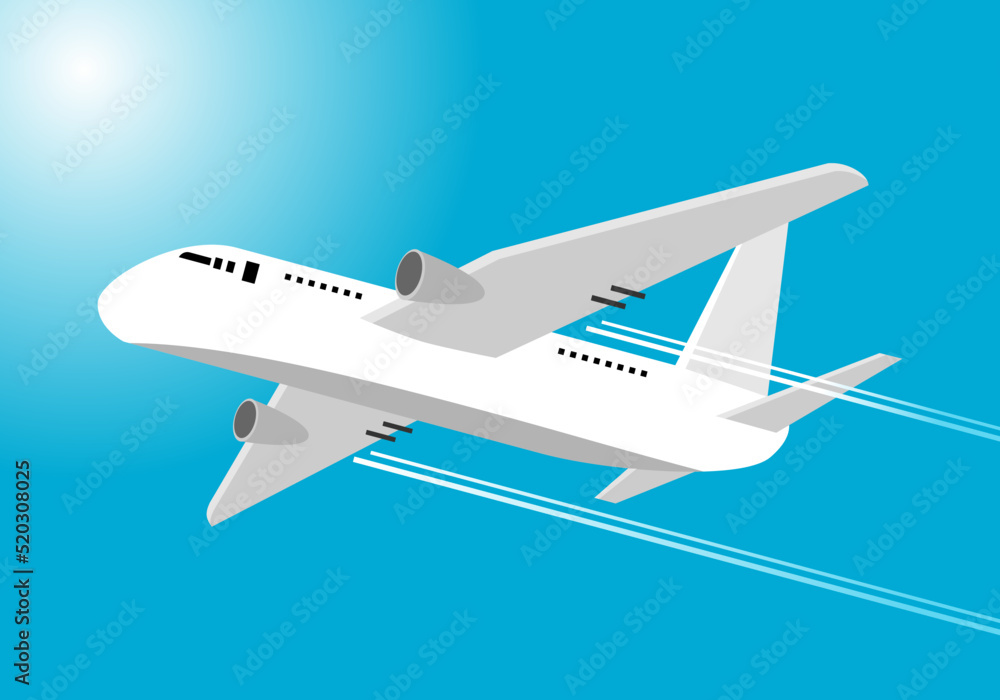 White airplane travel flying in blue sky with sunlight vector design.