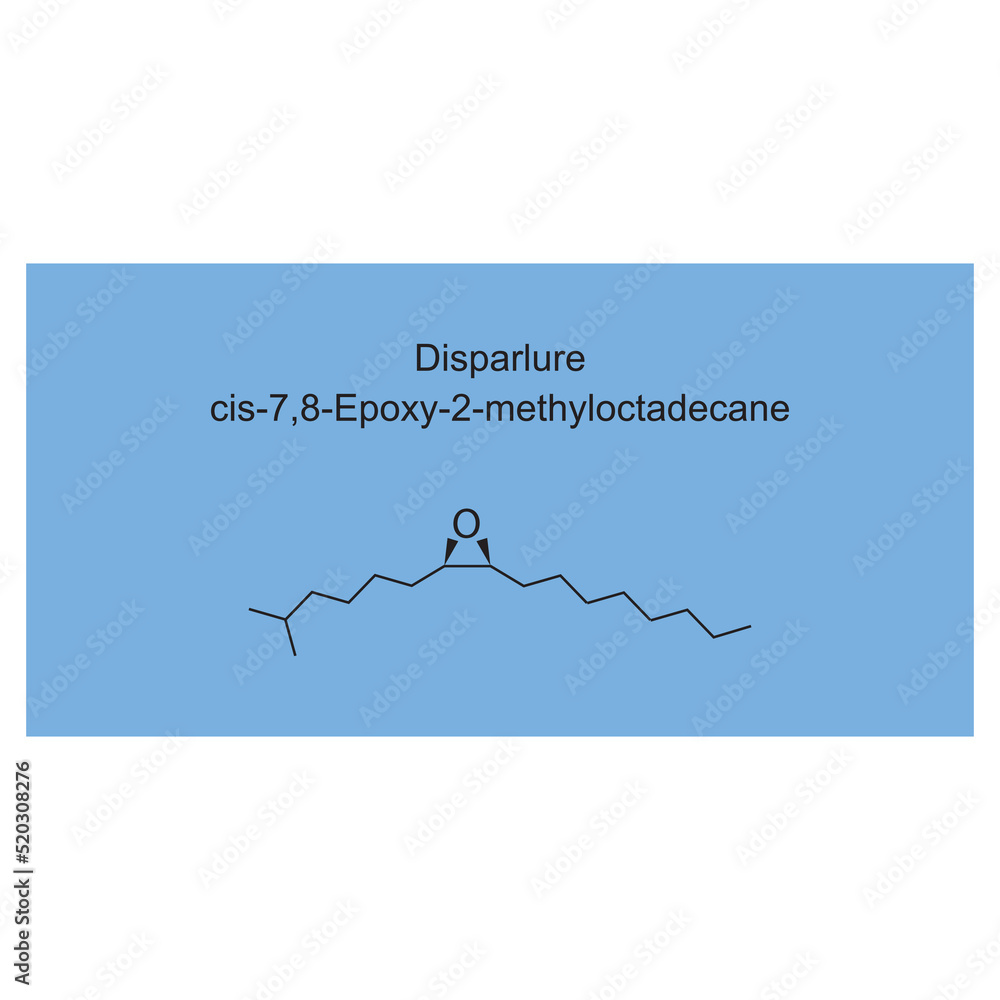 Chemical structure of Disparlure - moth pheromone - on blue background. Chemical structure of Disparlure - moth pheromone - on blue background.