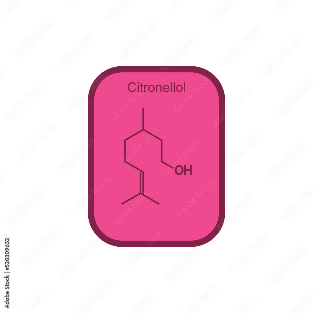 Citronellol (alkene) chemical structure on pink background - component of rose and geranium oils. Citronellol (alkene) chemical structure on pink background - component of rose and geranium oils.