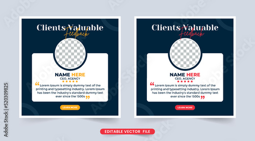 Customer service feedback and work review layout vector. Business client testimonials with photo and quote placeholders. Customer feedback review or testimonial template design vector.