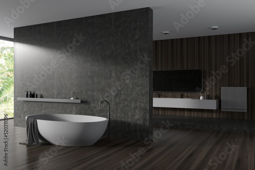 Corner view on dark bathroom interior with bathtub  mirror