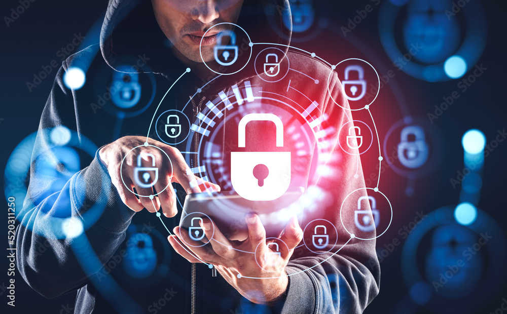 Hacker attack system, cybersecurity hologram and lock chain Hacker attack system, cybersecurity hologram and lock chain