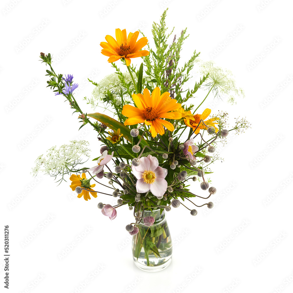 Beautiful bouquet of wildflowers isolated on white.