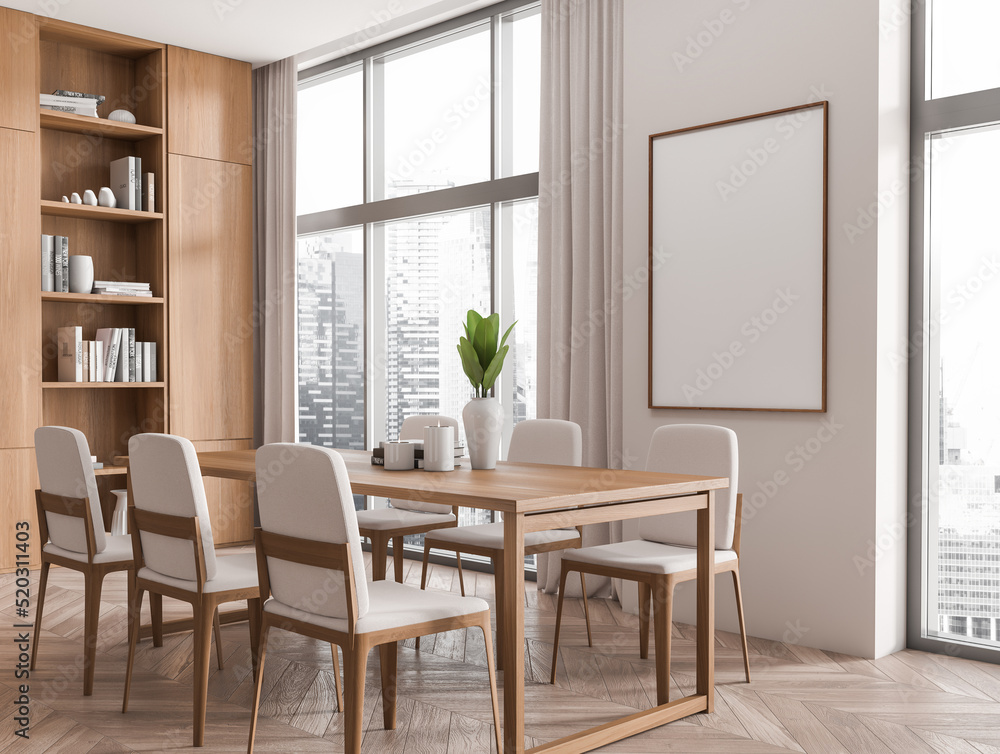 Light eating room interior with table and chairs, panoramic window. Mockup frame