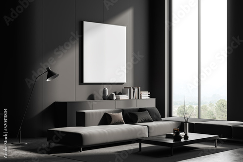 Grey chill interior with couch, drawer near panoramic window. Mockup frame