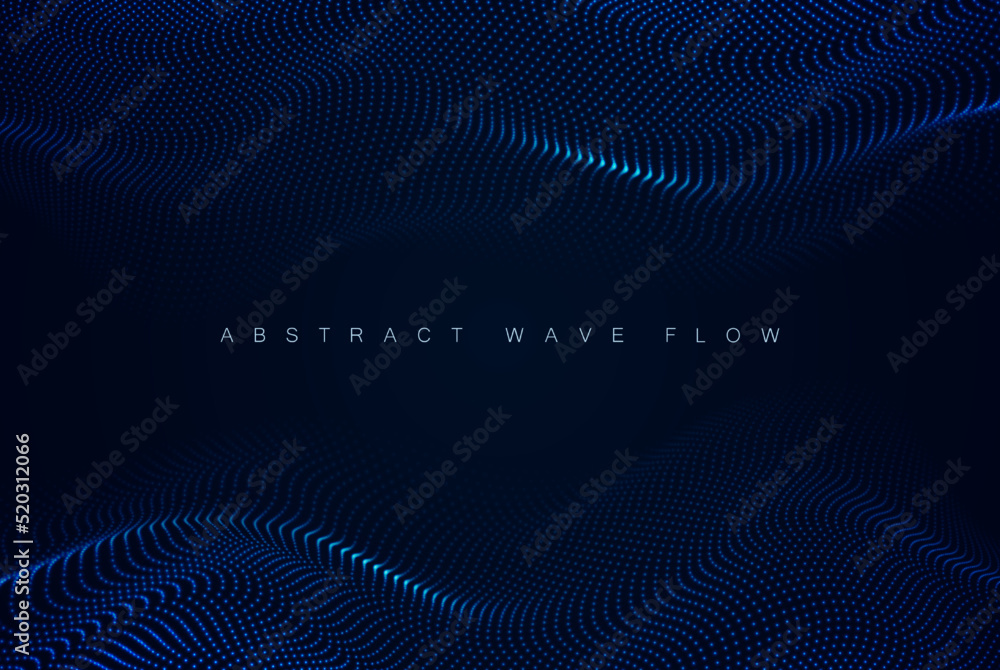The flow is wavy of luminous particles. Abstract technology or science banner. Cyber space background.