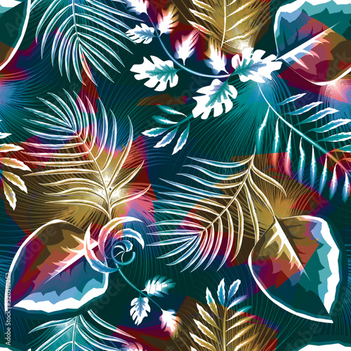 modern abstract colorful tropical leaves seamless pattern with plants foliage grunge background. nature leaf wallpaper. rainbow color. floral background. watercolor stylish tropical pattern. Summer 